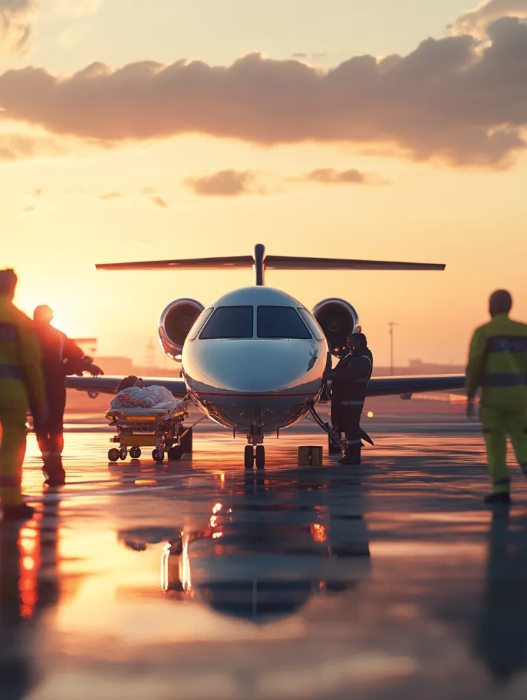 Ambulanzjet auf dem Rollfeld bei Sonnenuntergang mit Bodencrew